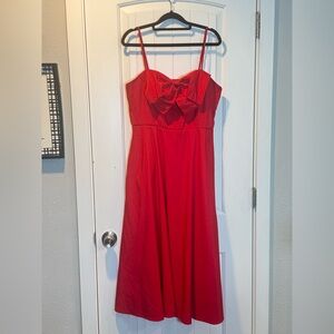 Elegant Red Bow-Front, Full Circle Midi Spaghetti Strap Dress With Pockets
